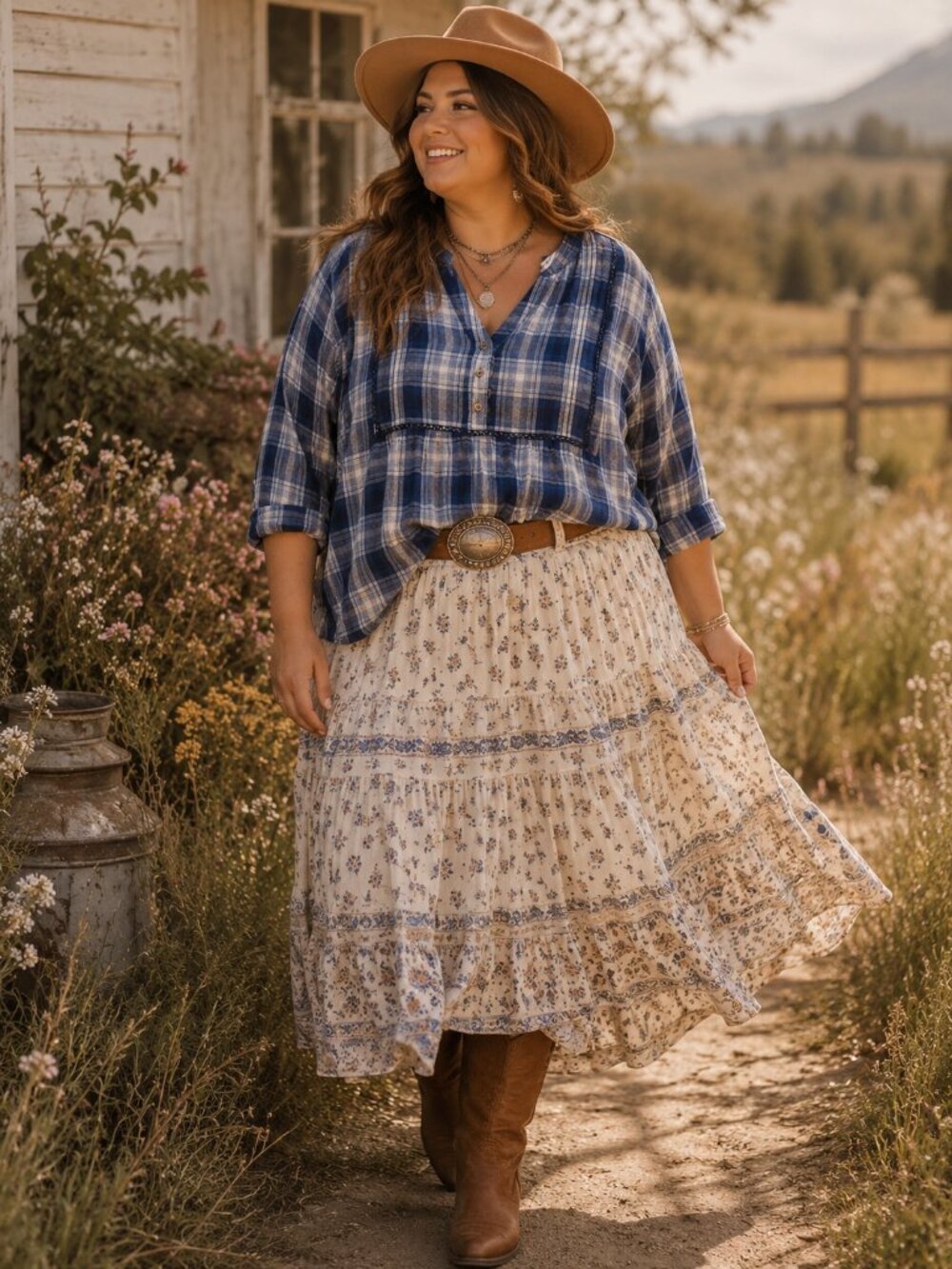 Wrangler Blue Plaid Peasant‎ Blouse Boho Western Crochet Trim Top 1815407 L